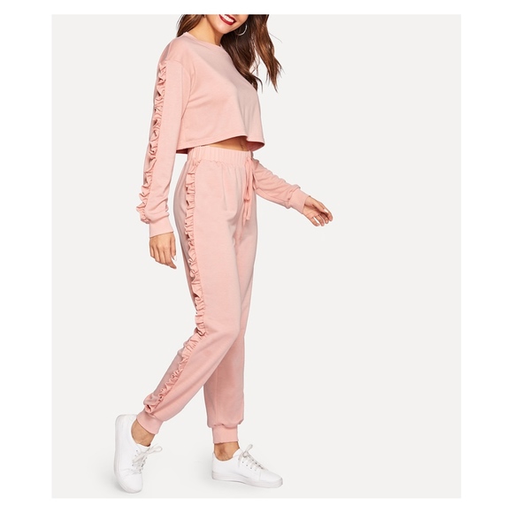 Pink Ruffle Trim Drawstring High Waist Sweatpants - Picture 5 of 6